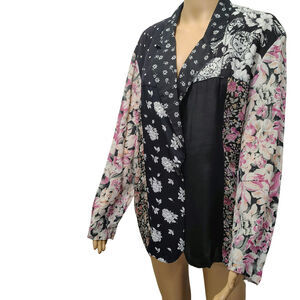 90s Patchwork Floral Striped Light Weight Box Cut Blazer Fold Down Collar Sz Sm